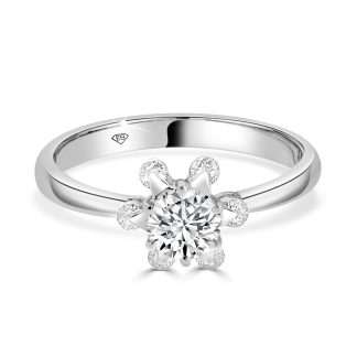 White Gold Ring with Central Round Diamond and Surrounding Accents 0.50 CtRound brilliant diamond ring with halo diamonds