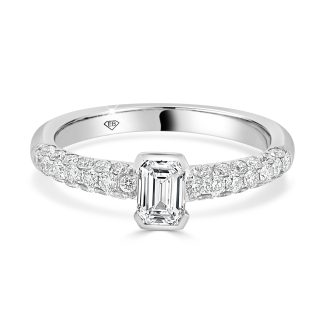 White Gold Ring with Emerald Cut Diamond and Three-Row Pavé Band 0.49 CtEmerald Cut Engagement ring with diamonds on the band