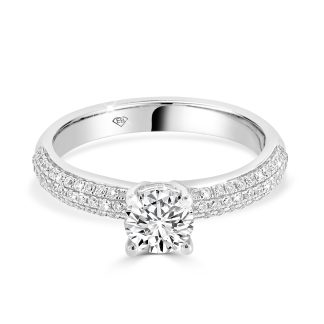 Engagement Ring with Round Brilliant Cut Diamond, Hidden Halo, and Micropavé Band 0.63 CtRound Diamond Engagement Ring