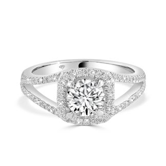 White Gold Engagement Ring with Round Diamond, Cushion Halo, and Split Shoulder 0.75 CtRound Diamond Engagement Ring with Halo