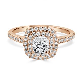 18kt Rose Gold Engagement Ring with Cushion Cut Diamond, Double Halo, and Shoulder Diamonds 0.70 CtDiamond Engagment Ring with Double Halo