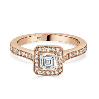 Rose Gold Asscher Cut Diamond Engagement Ring with Halo and Milgrain Pave Setting 0.55 CtRose Gold Engagement Ring