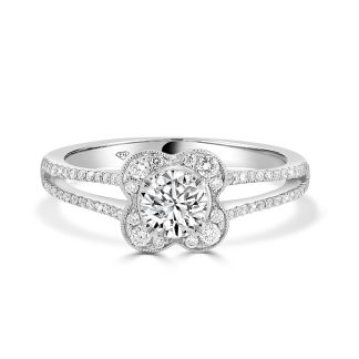 White Gold Clover Halo Engagement Ring with Split Shank 0.50 CtRound Diamond Engagement Ring with Floral Halo