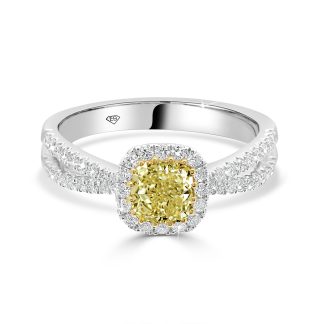 Yellow Diamond Engagement Ring Natural Diamond in 18kt White & Yellow GoldCUSHION CUT YELLOW DIAMOND ENGAGEMENT RING