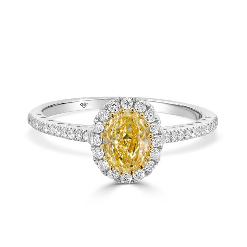 White Gold Oval Yellow Diamond Halo Ring with Diamond Shoulders