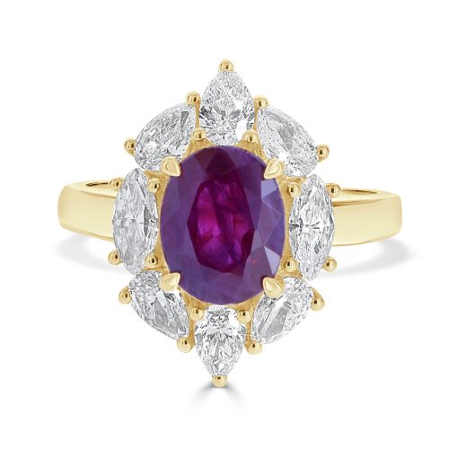 18ct Yellow Gold Oval Ruby and Pear Cut Diamond Halo Ring