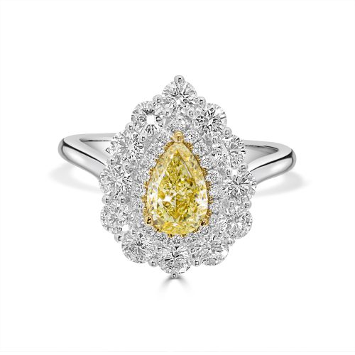 White Gold Pear-Shaped Yellow Diamond Double Halo Ring