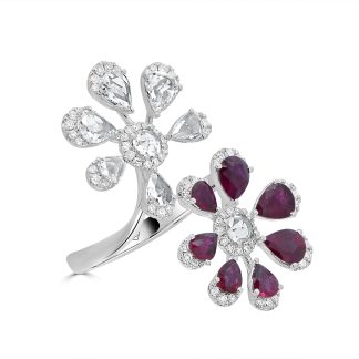 Ruby and Rose-Cut Diamond Floral RingWhite Gold Ruby and Diamond Dress Ring