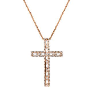 Elegant Diamond Cross Necklace With BaguetteDiamond cross pendant in 18kt gold with 10 baguette, 7 princess, and 106 round diamonds