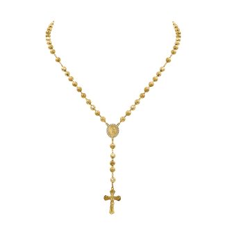 Rosary Necklace9ct yellow gold rosary necklace with gold beads, sacred medallion, and cross pendant.