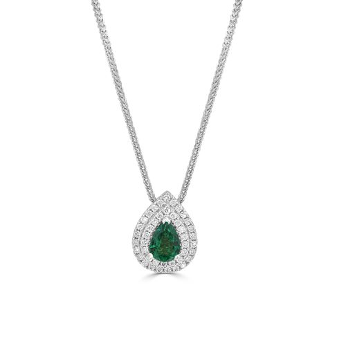 Emerald and Diamond Pendant with Double Halo