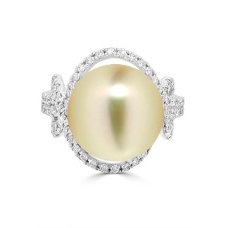 Golden Pearl Ring with Diamond HaloGolden pearl and diamond halo ring