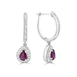 White Gold Drop Earrings Natural Rubies and Diamonds in Elegant HarmonyPear-cut ruby earrings in white gold