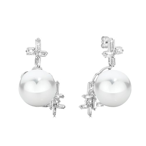Pearl Earrings with Diamond Graceful Design in 18K White Gold
