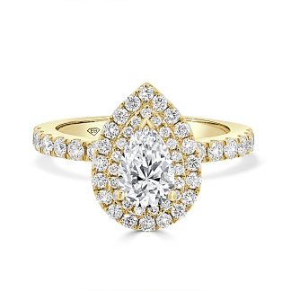 Pear Cut Engagement Ring Natural Diamond in 18kt Yellow GoldNatural pear diamond ring with double halo
