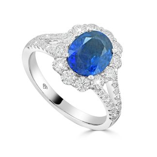 White Gold and Sapphire Ring – Natural Sapphire with Diamond HaloSapphire and diamond halo ring
