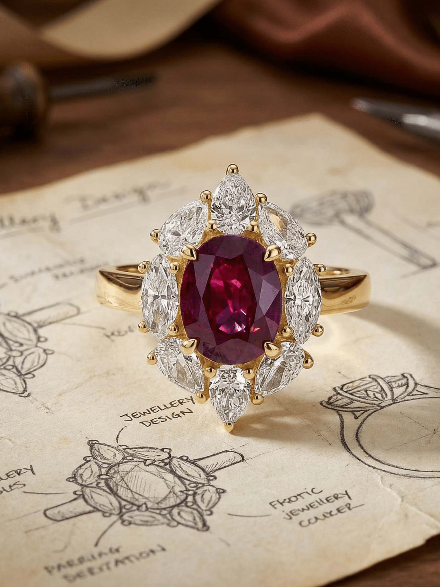 18ct Yellow Gold Oval Ruby and Pear Cut …