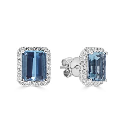 Emerlad Aquamarine with Round Diamond Halo Studs