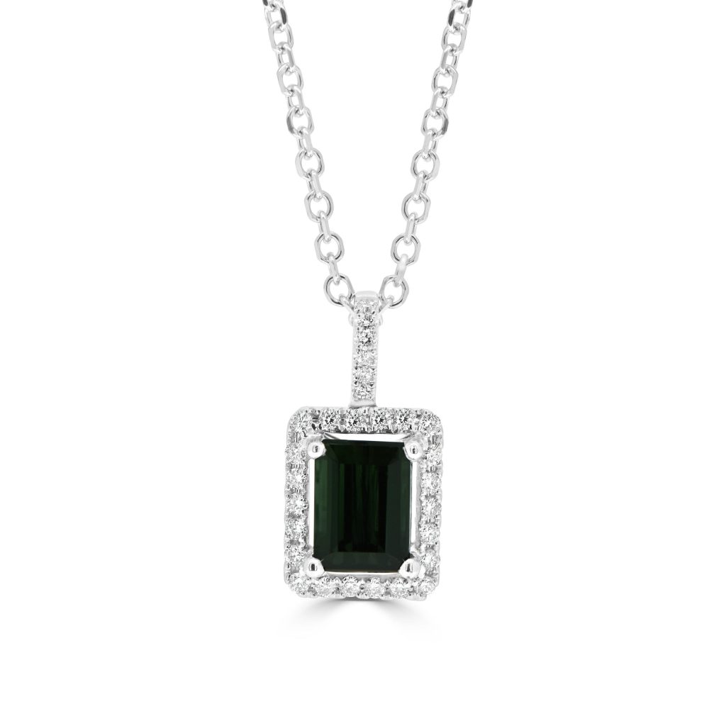 Emerald Shape Emerald with Round Diamonds in a Halo Pendant