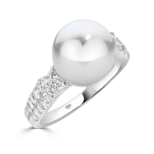 Double Diamond Claw Setting and South Sea Pearl Dress RingPearl and Diamond Dress Ring