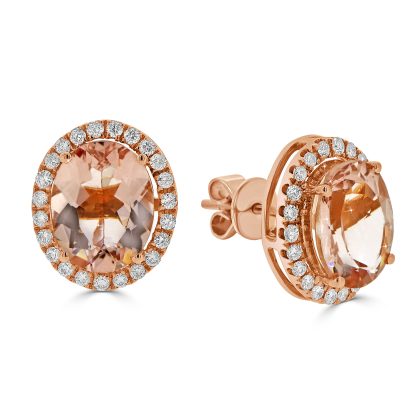 Oval Morganite with round diamond halo studs