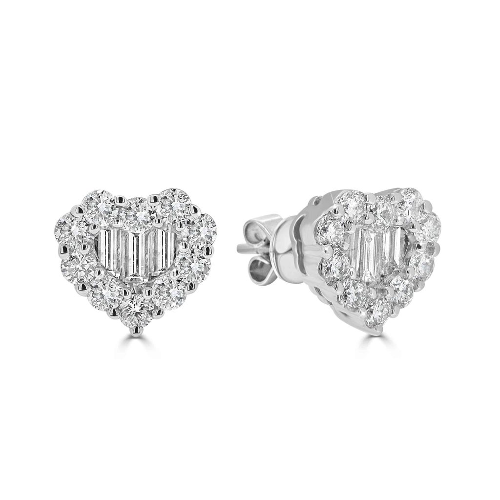 Baguette and Round Diamond Heart Stud Earrings