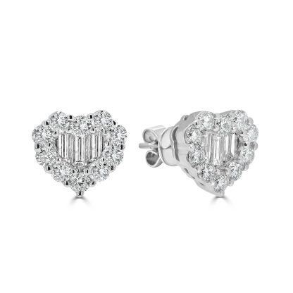 Baguette and Round Diamond Heart Stud Earrings