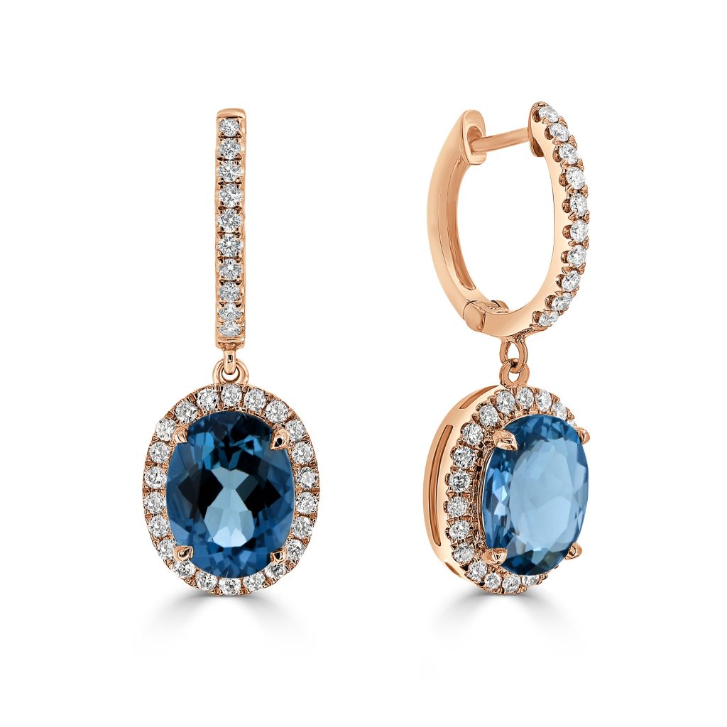 Oval London blue topaz with diamond halo drop earrings
