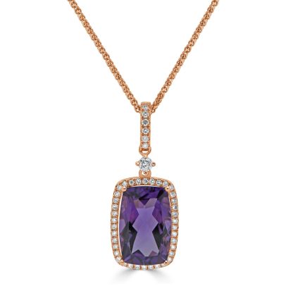 Elongated Cushion Shaped Amethyst Pendant with Diamond Halo