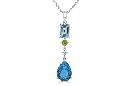 Pear London blue topaz, peridot and aquamarine pendant