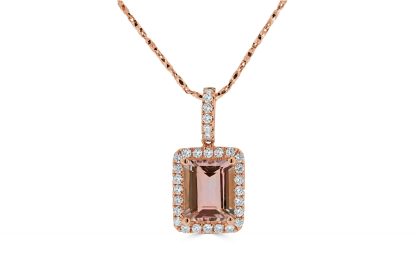 Morganite pendant with diamond halo