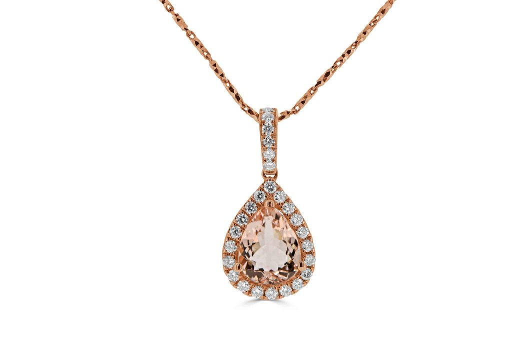 Morganite pendant with diamond halo