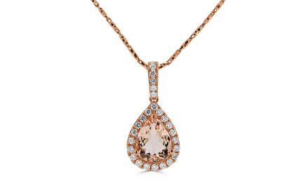Morganite pendant with diamond halo