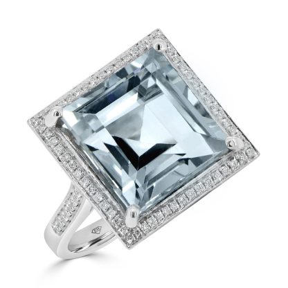 Aquamarine princess cut with diamond halo engagement ring