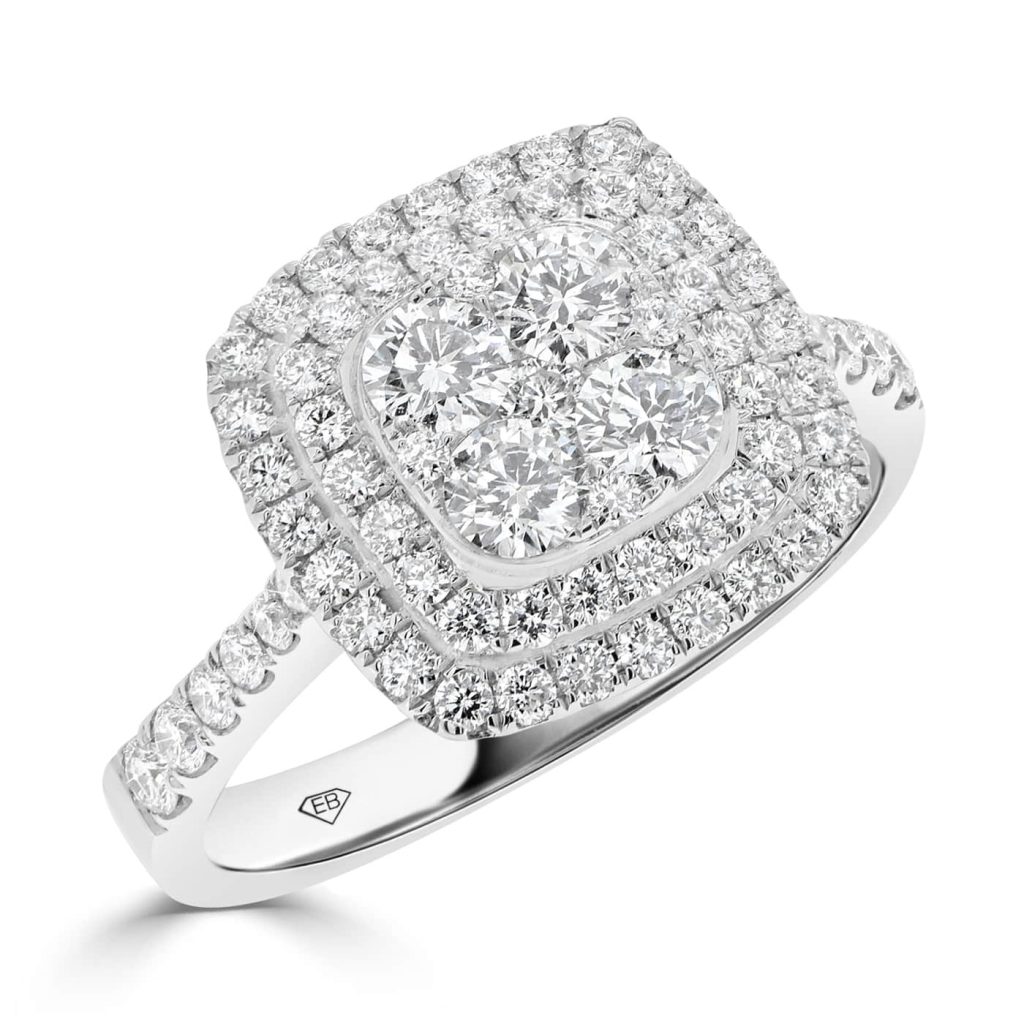 Diamond Cushion Shape Cluster Ring With Delicate Halo