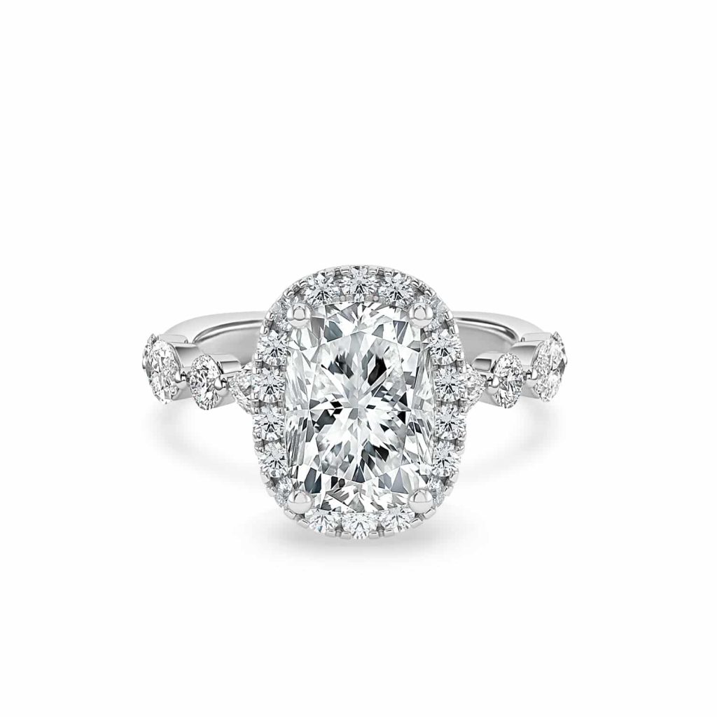 Elongated Cushion Diamond Engagement Ring with Halo