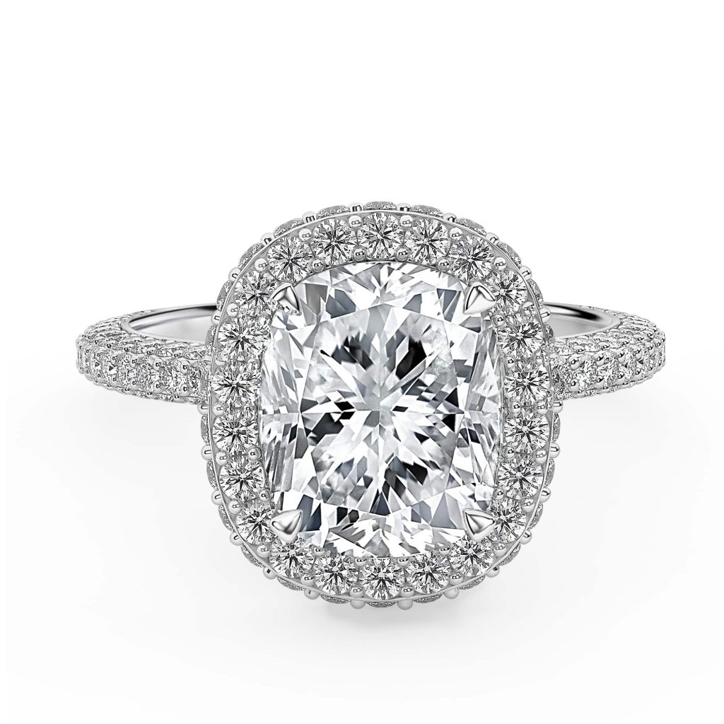 Elongated Cushion Diamond Engagement Ring with Halo