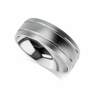 Minimalist men’s wedding band crafted in polished white gold with grooves.