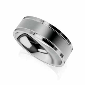 Men’s gold wedding ring in white gold with a brushed centre and polished edges.