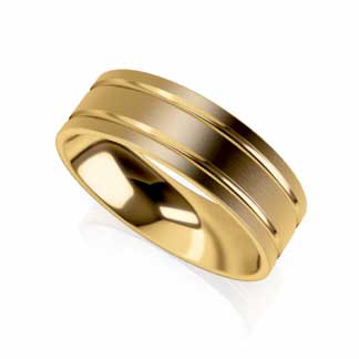 Men’s gold wedding ring in Yellow gold with a brushed centre and polished edges.