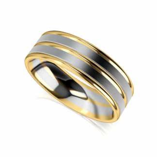 Men’s gold wedding ring in Yellow and white gold with a brushed centre and polished edges.