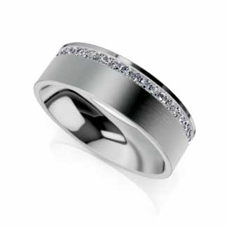 Men’s wedding band crafted from brushed white gold with a row of pavé-set diamonds along the edge.
