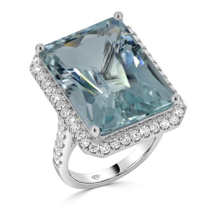 Aquamarine ring with emerald-cut aquamarine and diamond halo