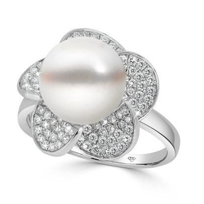 Sophisticated pearl ring with floral pavé diamond accents in white gold
