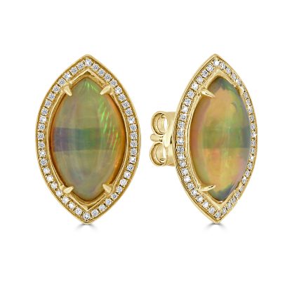 Opal earrings featuring marquise-cut opals with diamond halos in 18ct white gold.