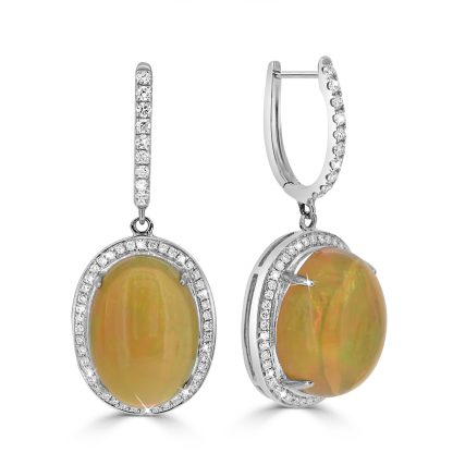 Opal earrings featuring oval-cut opals with diamond halos in 18ct white gold.