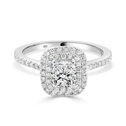 Cushion cut diamond ring with double halo