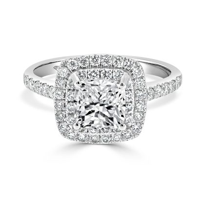 Cushion cut diamond ring with double halo