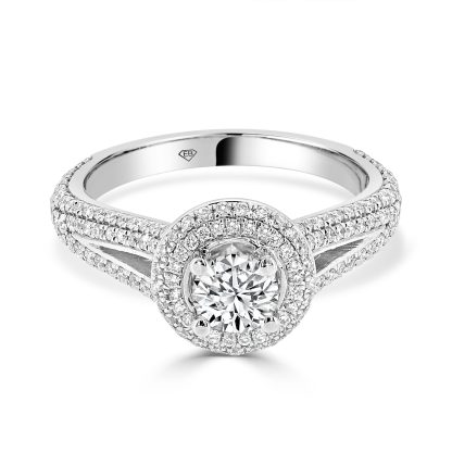 Round brilliant cut diamond ring with double halo