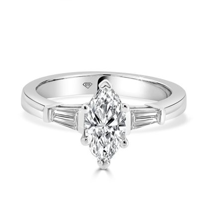 Marquise diamond and baguette trilogy engagement ring